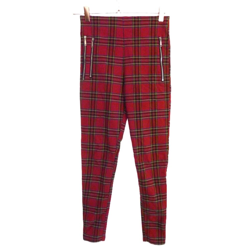 Zara Tartan Plaid Skinny Pants Faux Zipper Front Pockets High Rise Size S - Picture 2 of 6